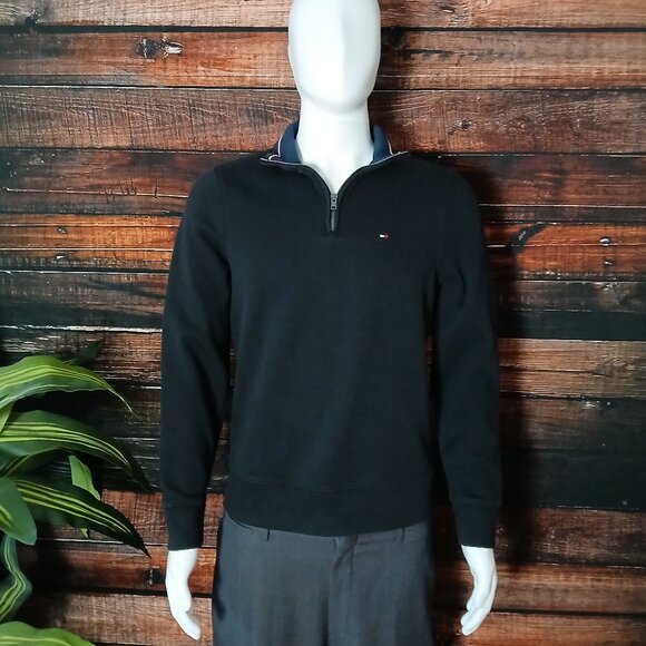 Tommy Hilfiger Sweater Mens S Classic Black Quarter Zip Pullover Cotton - Picture 2 of 9